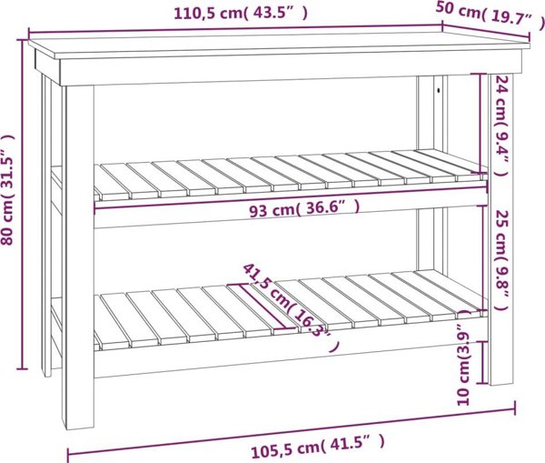vidaXL Stolik roboczy, λευκό, 110,5x50x80 cm, μασίφ πεύκο