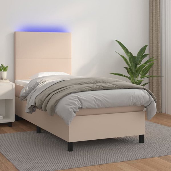 vidaXL Lozko kontynentalne, materac i LED cappuccino ekoskora 90x200 cm