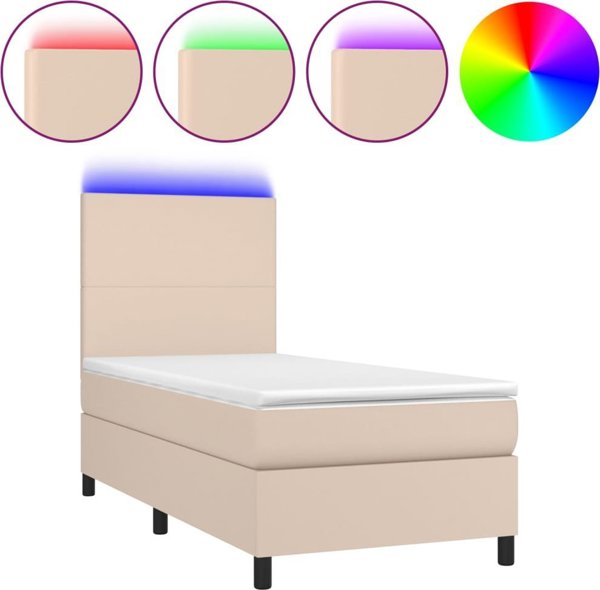 vidaXL Lozko kontynentalne, materac i LED cappuccino ekoskora 90x200 cm