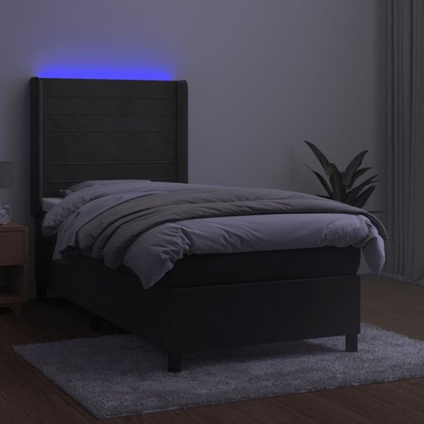vidaXL Κοντινεντάλ κρεβάτι με στρώμα και LED, γκρι βελούδο 90x200 εκ
