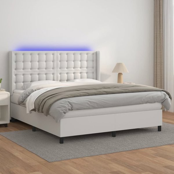 vidaXL Kρεβάτι κοντινεντάλ με στρώμα και LED, λευκή δερματίνη 180x200cm