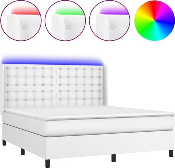 vidaXL Kρεβάτι κοντινεντάλ με στρώμα και LED, λευκή δερματίνη 180x200cm