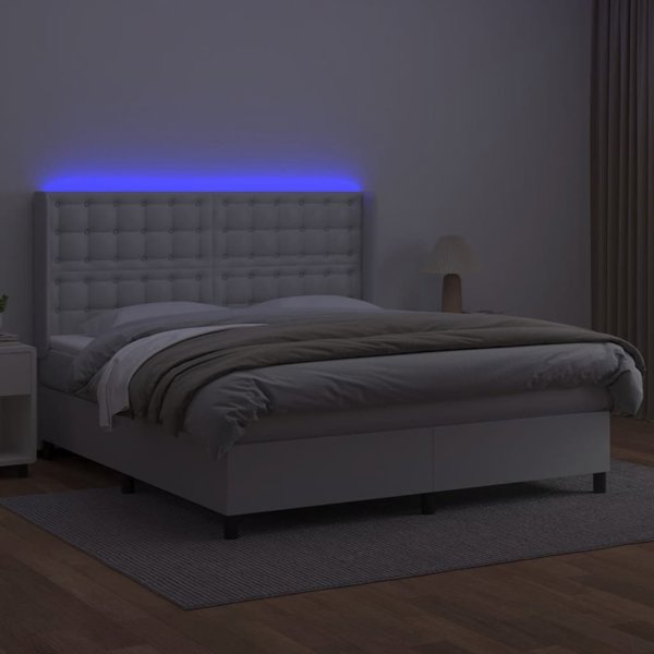 vidaXL Kρεβάτι κοντινεντάλ με στρώμα και LED, λευκή δερματίνη 180x200cm