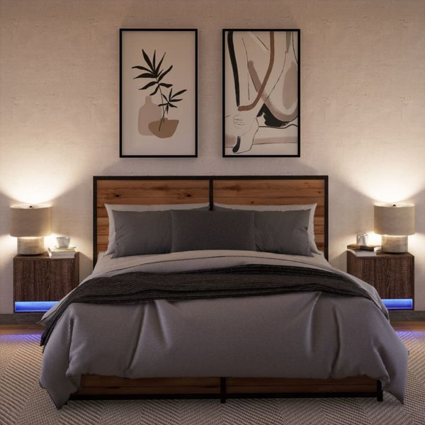 vidaXL Κρεμαστά κομοδίνα με LED, σετ 2 τεμαχίων, χρώμα καφέ δρυς