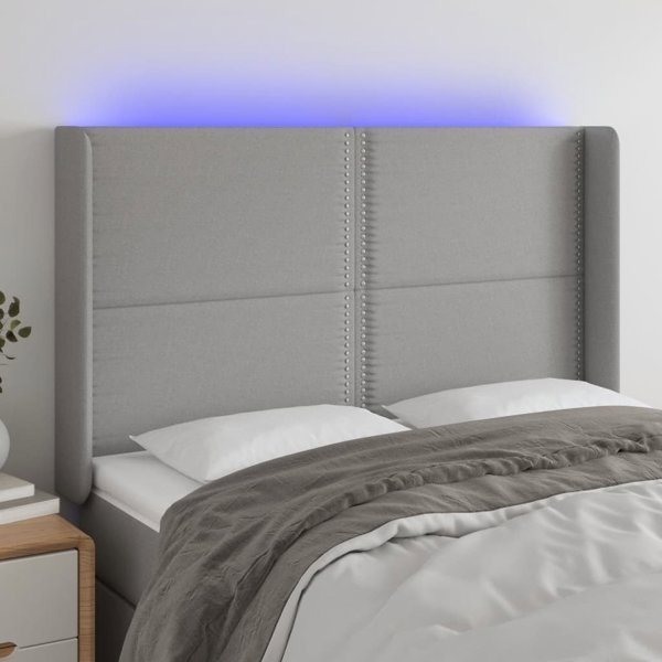 vidaXL Κεφαλάρι για κρεβάτι με LED, ανοιχτό γκρι, 147x16x118/128 cm, ύφασμα