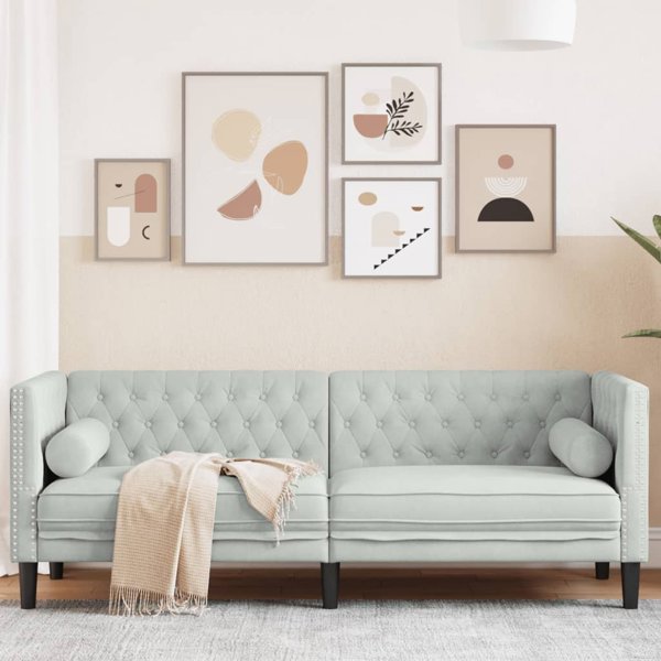 vidaXL Καναπές Chesterfield με κυλινδρικά μαξιλάρια, τριθέσιος, ανοιχτό γκρι, βελούδο