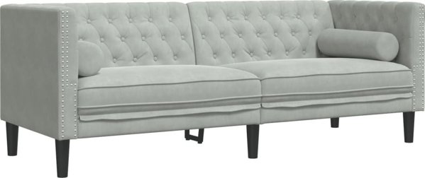 vidaXL Καναπές Chesterfield με κυλινδρικά μαξιλάρια, τριθέσιος, ανοιχτό γκρι, βελούδο