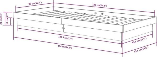 vidaXL Κορμός κρεβατιού από μασίφ ξύλο, 90x190 cm, μονός