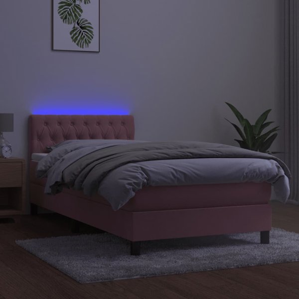 vidaXL Κοντινεντάλ κρεβάτι με στρώμα και LED, ροζ βελούδο, 90x200 cm