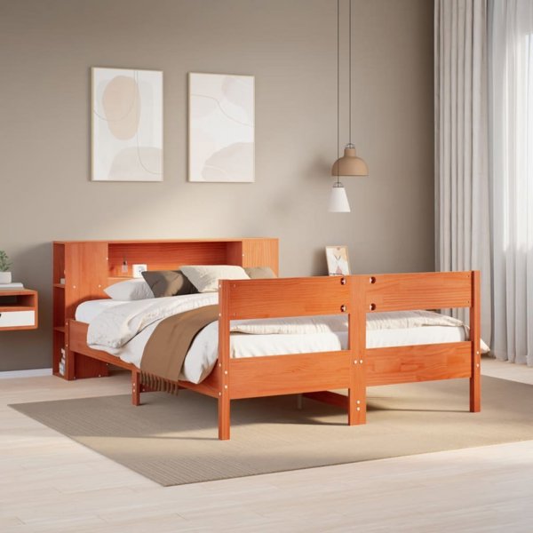 vidaXL Κρεβάτι με ράφι 135x190 cm χωρίς στρώμα από ξύλο πεύκου