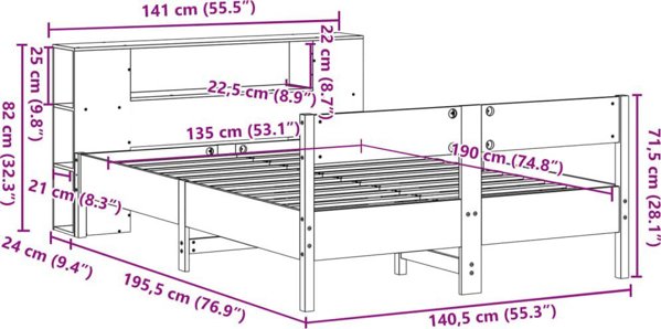 vidaXL Κρεβάτι με ράφι 135x190 cm χωρίς στρώμα από ξύλο πεύκου