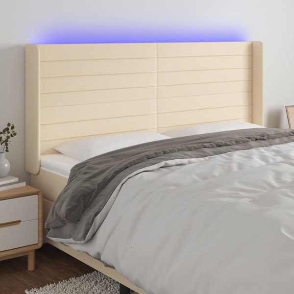 vidaXL Zaglowek do lozka z LED kremowy 163x16x118/128 cm tkanina