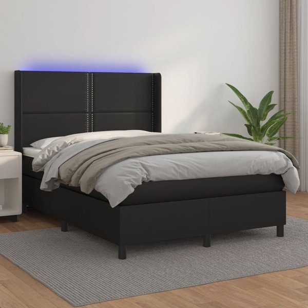 vidaXL Lozko kontynentalne z materacem i LED czarna ekoskora 140x200cm