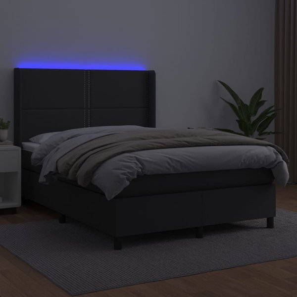 vidaXL Lozko kontynentalne z materacem i LED czarna ekoskora 140x200cm