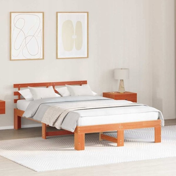 vidaXL Πλαίσιο Κρεβατιού 140x190 cm από Μασίφ Ξύλο Πεύκου, Κερωμένο Καφέ