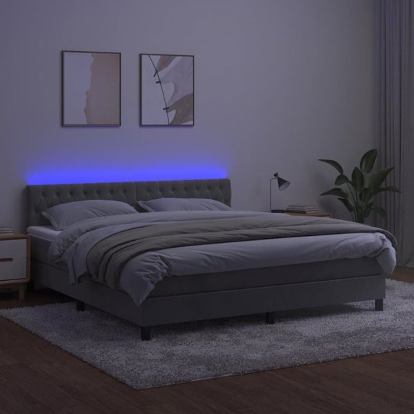 vidaXL Κρεβάτι κοντινεντάλ με στρώμα και LED, γκρι, 180x200 cm, βελούδο