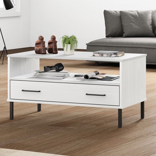 vidaXL Stolik kawowy OSLO, metalowe nozki, bialy, 85x50x45 cm, drewno