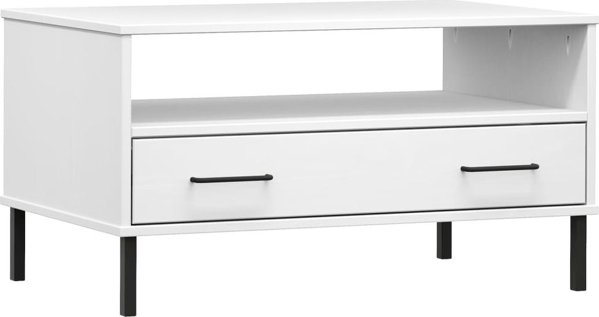 vidaXL Stolik kawowy OSLO, metalowe nozki, bialy, 85x50x45 cm, drewno