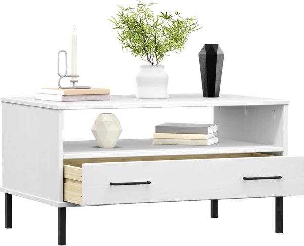 vidaXL Stolik kawowy OSLO, metalowe nozki, bialy, 85x50x45 cm, drewno