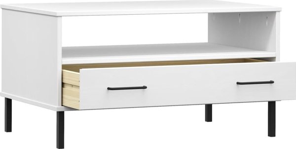 vidaXL Stolik kawowy OSLO, metalowe nozki, bialy, 85x50x45 cm, drewno