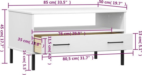 vidaXL Stolik kawowy OSLO, metalowe nozki, bialy, 85x50x45 cm, drewno