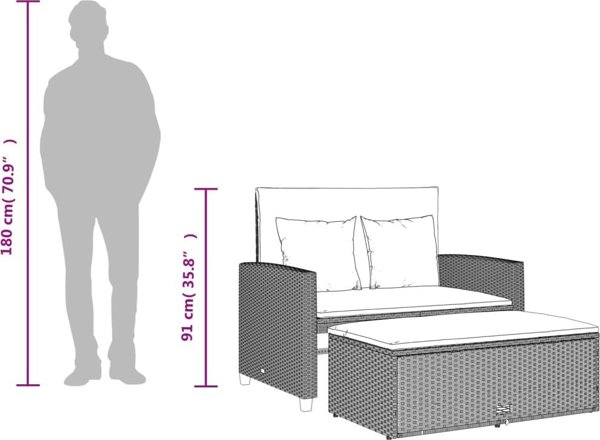 vidaXL Sofa ogrodowa z poduszkami, 2-osobowa, jasnoszara, polirattan