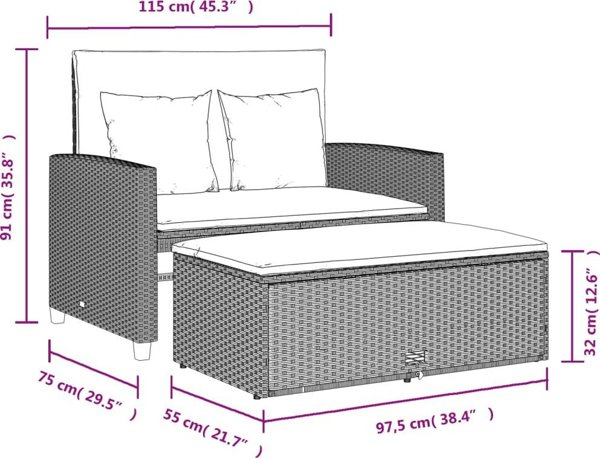 vidaXL Sofa ogrodowa z poduszkami, 2-osobowa, jasnoszara, polirattan
