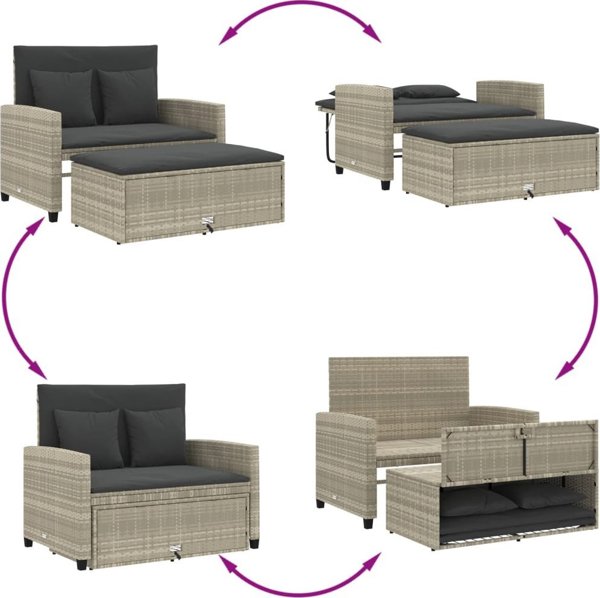 vidaXL Sofa ogrodowa z poduszkami, 2-osobowa, jasnoszara, polirattan