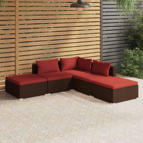 Σετ καθιστικού κήπου vidaXL 5 τεμ., με μαξιλάρια, rattan PE, καφέ