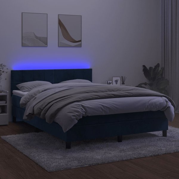 vidaXL Κρεβάτι κλασικό, στρώμα και LED, μπλε βελούδο 140x200cm