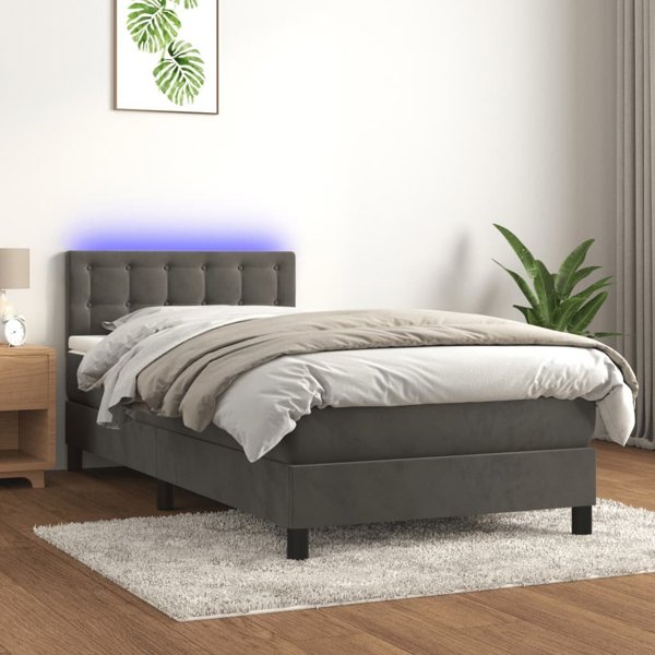 vidaXL Κρεβάτι kontynentalne με στρώμα και LED, γκρι βελούδο, 100x200 cm