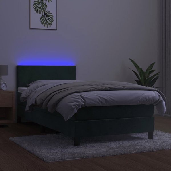 vidaXL Κρεβάτι κοντινένταλ με στρώμα και LED, πράσινο βελούδο, 90x190 εκ
