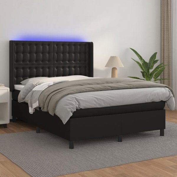 vidaXL Lozko kontynentalne z materacem i LED czarna ekoskora 140x190 cm
