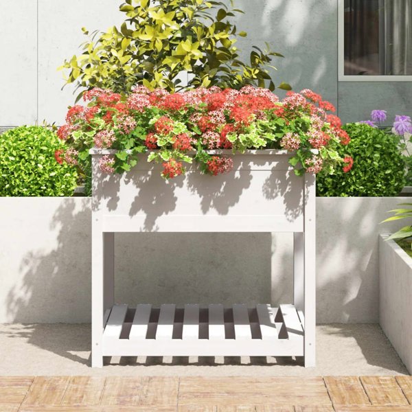 vidaXL Ζαρντινιέρα με ραφιέρα, λευκή, 82,5x82,5x81 εκ., μασίφ πεύκο