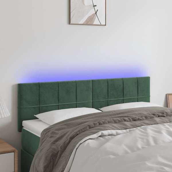 vidaXL Κεφαλάρι για κρεβάτι με LED, σκούρο πράσινο, 144x5x78/88 cm, βελούδο
