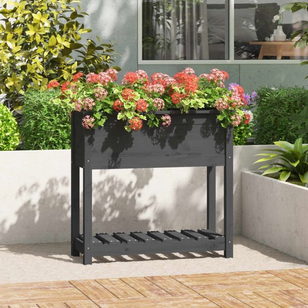 vidaXL Donica με ράφι, γκρι, 82,5x34,5x81 εκ., μασίφ ξύλο πεύκου