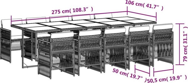 vidaXL 11 τεμ. σετ επίπλων κήπου, με μαξιλάρια, καφέ, ραττάν PE