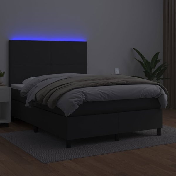 vidaXL Κρεβάτι κοντινεντάλ με στρώμα και LED, μαύρη οικοδερμάτινη επένδυση 140x200 cm