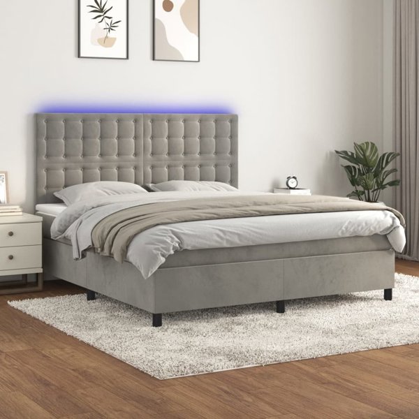 vidaXL Lozko kontynentalne z materacem i LED, szare 160x200 cm, aksamit