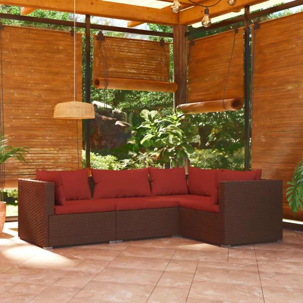 vidaXL Σετ 4 τμχ καθιστικό κήπου με μαξιλάρια, rattan PE, καφέ