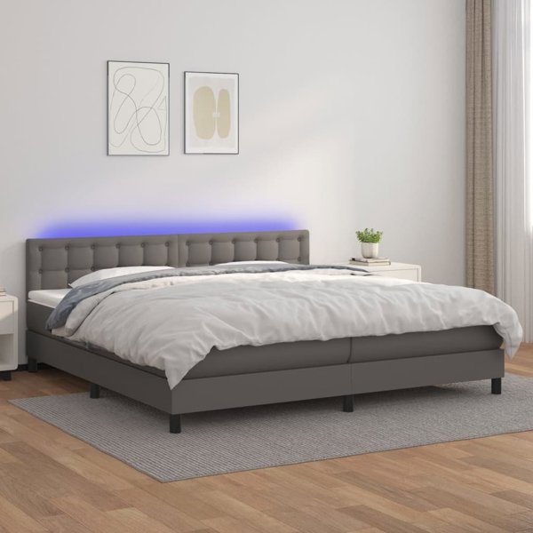 vidaXL Lozko kontynentalne z materacem i LED szara ekoskora 200x200 cm
