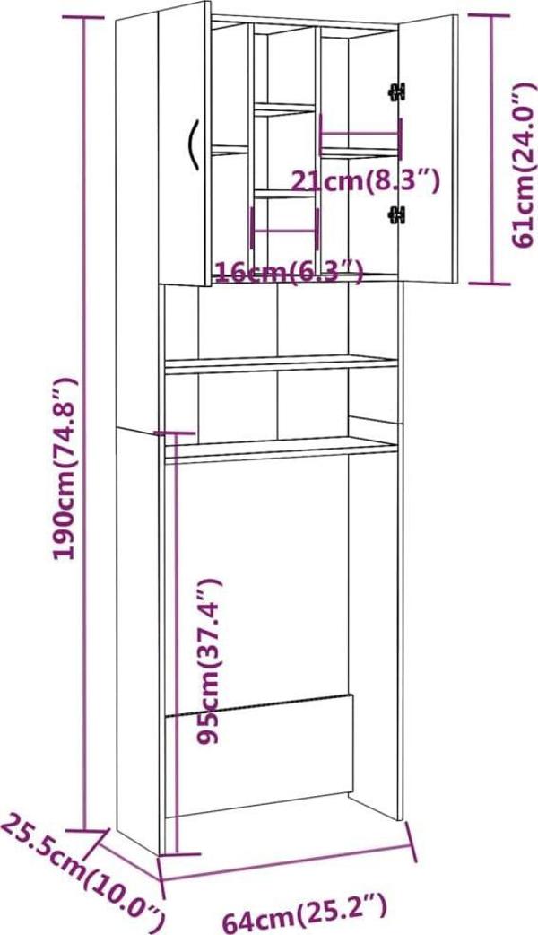 vidaXL Ντουλάπι πλυντηρίου, καπνιστός δρυς, 64 x 25,5 x 190 cm