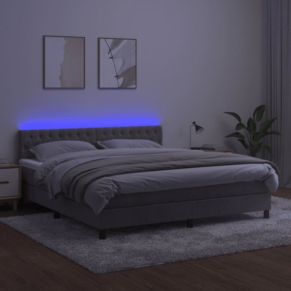 vidaXL Κρεβάτι κοντινεντάλ με στρώμα και LED, γκρι βελούδο 160x200cm