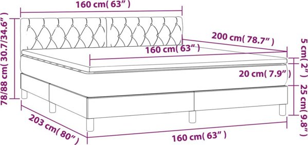 vidaXL Κρεβάτι κοντινεντάλ με στρώμα και LED, γκρι βελούδο 160x200cm