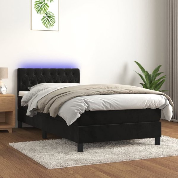 vidaXL Lozko kontynentalne z materacem i LED czarny aksamit 90x190 cm