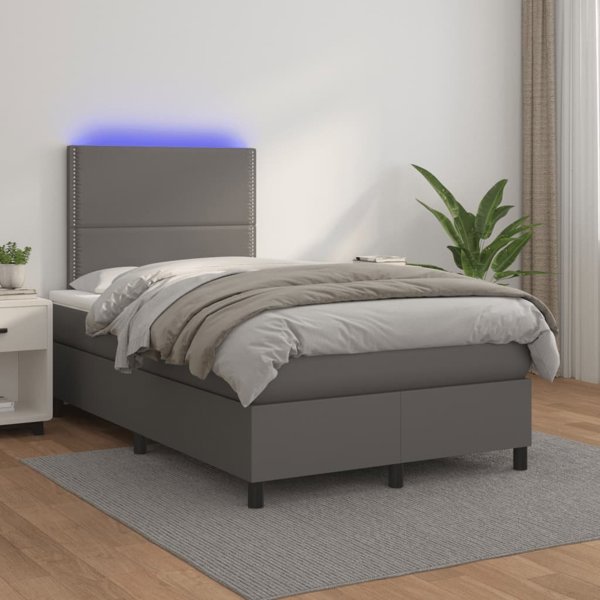 vidaXL Κρεβάτι Κοντινεντάλ με Στρώμα και LED, Γκρι Φυσικό Δέρμα 120x200 cm