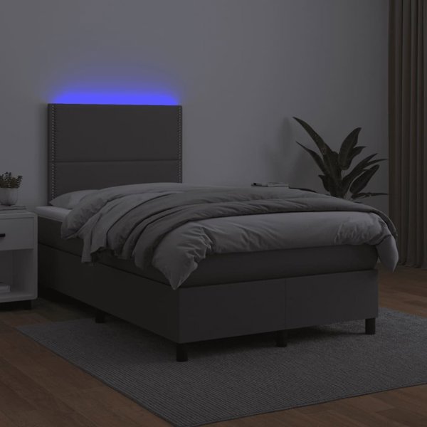 vidaXL Κρεβάτι Κοντινεντάλ με Στρώμα και LED, Γκρι Φυσικό Δέρμα 120x200 cm