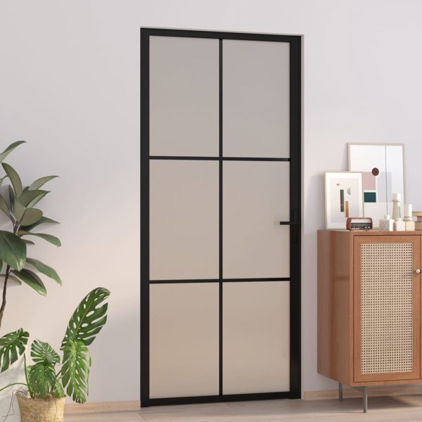 vidaXL Εσωτερική πόρτα 93x201,5 cm, μαύρο ματ γυαλί και αλουμίνιο