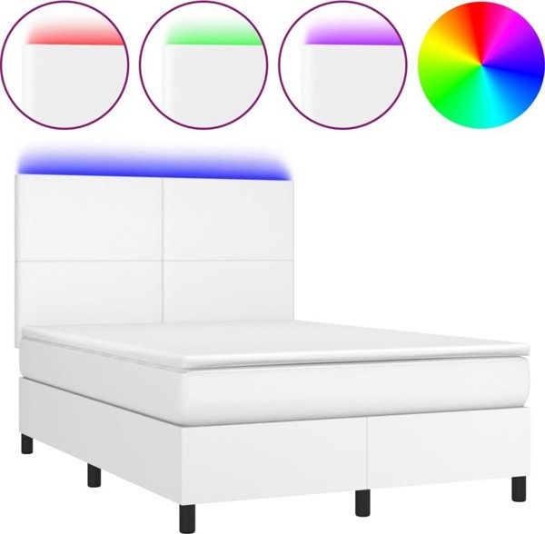 vidaXL Lozko kontynentalne z materacem i LED, biala ekoskora 140x190cm