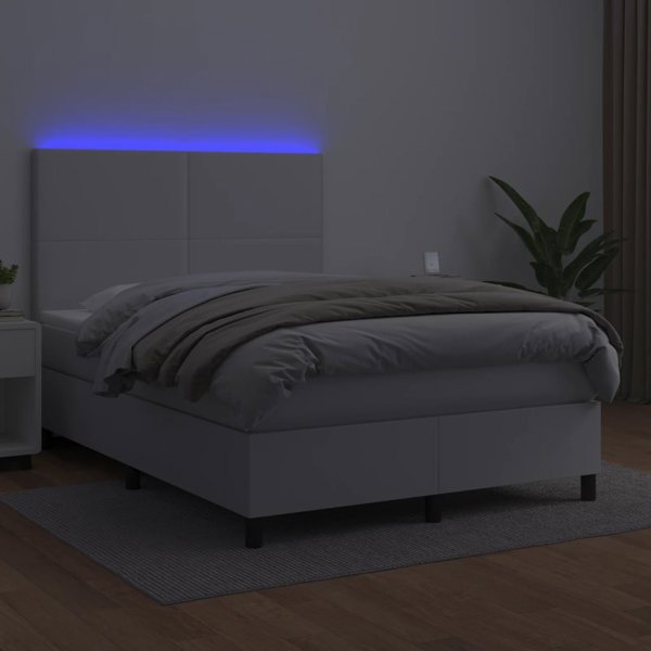 vidaXL Lozko kontynentalne z materacem i LED, biala ekoskora 140x190cm